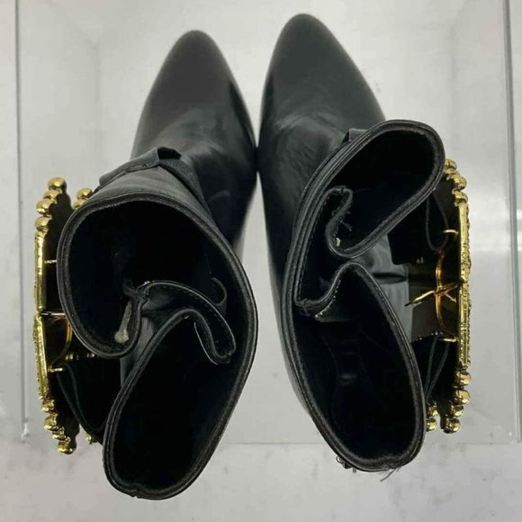 Perla Italy Designer Black Leather & Goldtone Clasp Pointed-Toe Ankle Boots 7.5 - Picture 4 of 5
